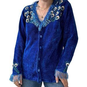 Vintage Y2K Womens Cobalt Blue Peacock Chenille Velvet Ugly Cardigan XL